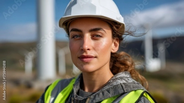Fototapeta Wind turbine maintenance action renewable energy site portrait photo outdoor environment close-up view empowering women in industry