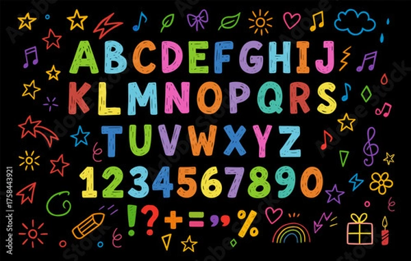Fototapeta Colorful children crayon alphabet and numbers font 