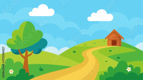 Fototapeta Illustration of a landscape with a path leading to a house on a hill under a cloudy blue sky scene view
