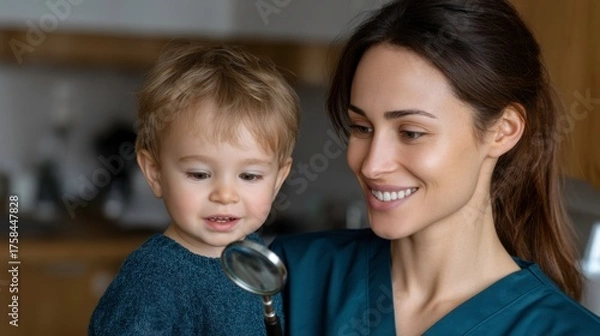 Fototapeta Healthcare interaction with child home setting candid photo bright atmosphere close-up nurturing moment