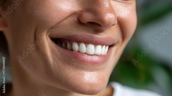Fototapeta Smiling woman close-up portrait indoor setting lifestyle photography natural light positive vibes