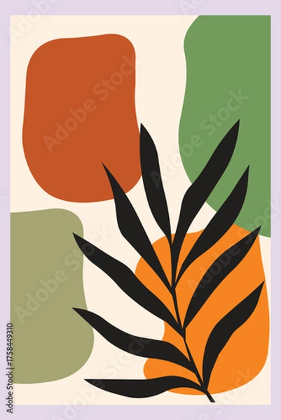 Obraz Boho Abstract Minimalist Wall Art with Geometric Shapes and Botanical Leaf