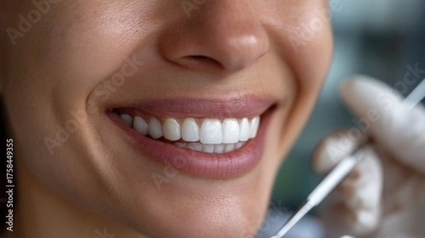 Fototapeta Dental checkup smiling patient at clinic with oral health focus in bright environment close-up view