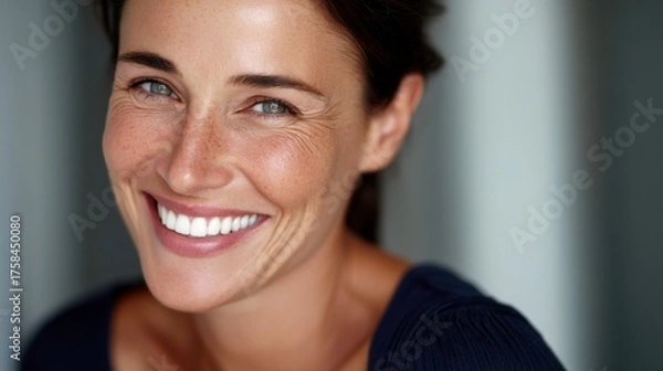Fototapeta Joyful woman smiling in indoor setting portrait photography natural light close-up view for positive vibes