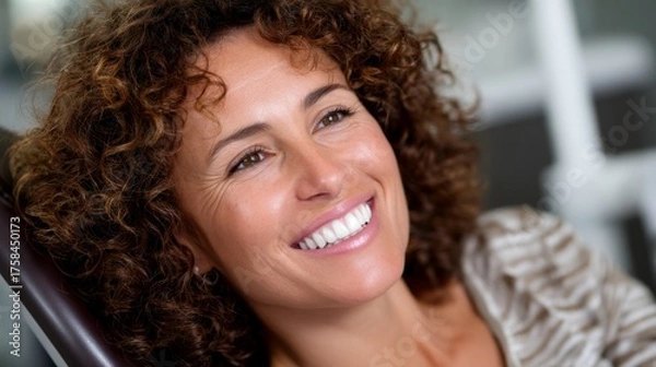 Fototapeta Joyful woman smiling indoors lifestyle portrait natural light close-up happiness concept