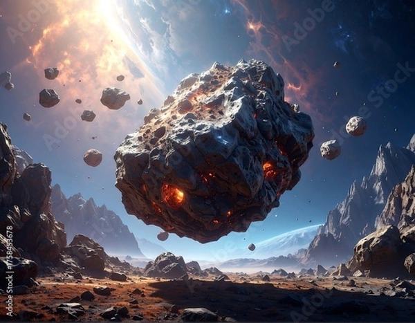 Obraz A massive asteroid, burning inside, floats above a distant planet