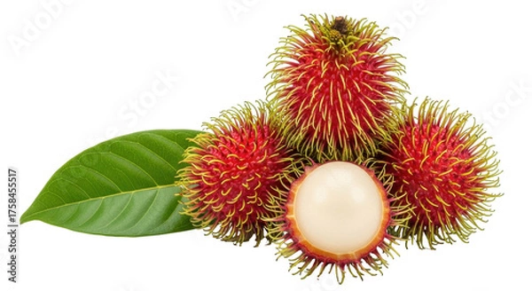 Fototapeta Isolated rambutan fruits with cut open rambutan and a leaf, for healthy eating ingredient