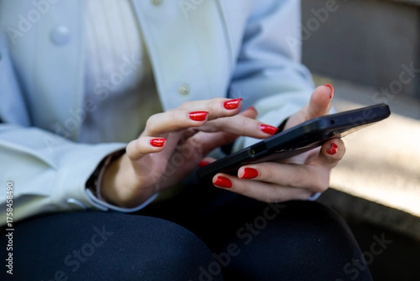 Obraz A detailed view of a womans hands as she interacts with her smartphone, showcasing her bright red polished nails and stylish light blue jacket, with soft sunlight highlighting the textures
