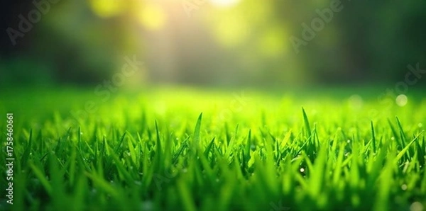 Obraz Sunlit Dew-Kissed Lawn Vibrant Green Grass Glistening After Rain, Perfect SpringSummer Wallpaper