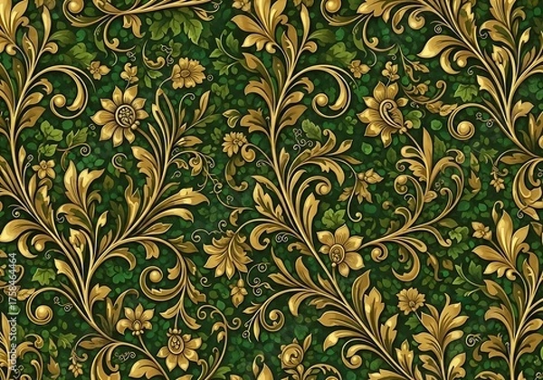 Fototapeta Lush green foliage with intricate golden floral scrollwork backdrop