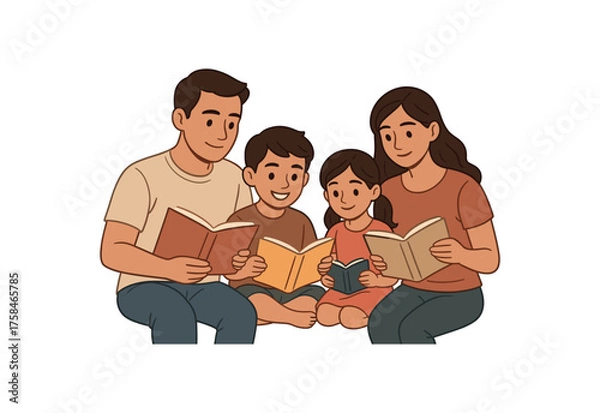 Obraz family reading books family life flat vector illustration style isolated on white background