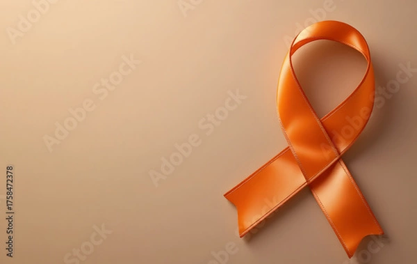 Fototapeta A vibrant orange satin ribbon, gracefully formed into an awareness symbol, elegantly placed on the right side of a monochromatic dark yellow background with a soft gradient. 