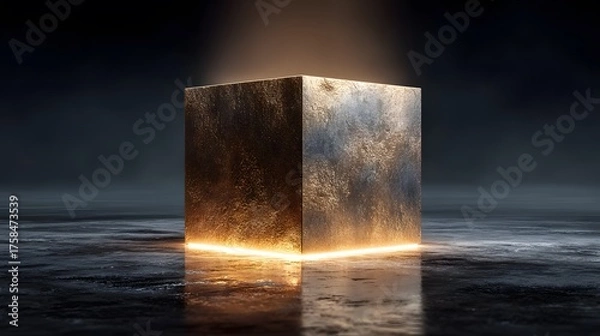 Fototapeta Solid cube of brushed gold with a textured patina sits on a reflective black surface, dramatically lit by a single, sharp spotlight.