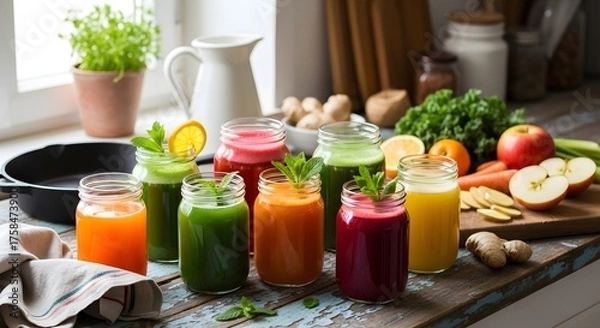 Obraz Colorful detox juices in jars on a rustic table, surrounded by fresh fruits and vegetables, symbolizing health and cleansing.