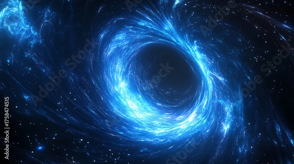Fototapeta black hole glowing with swirling particle streams representing gravitational energy, cosmic forces, space phenomena, and futuristic astronomy