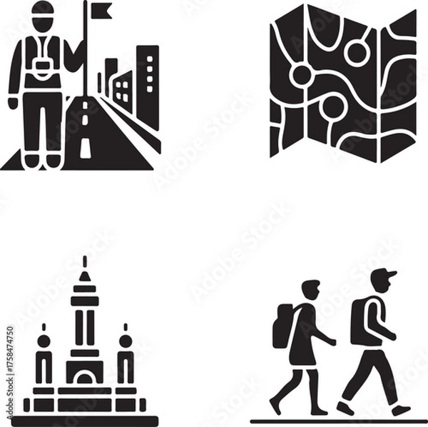 Fototapeta Exploration Solid Icons Set – Tour Guide, City Streets, Landmark, Map, and Group of Tourists Filled Vector Pack