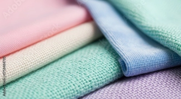 Fototapeta Soft pastel colored fabric swatches neatly folded isolated on white background