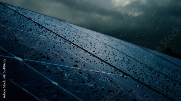 Obraz Close-Up of Solar Panels in Rain — Renewable Energy in Stormy Weather