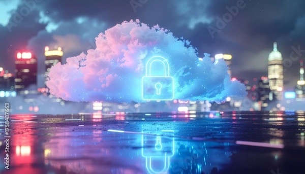 Obraz Digital cloud protected by padlock hologram