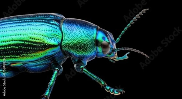 Fototapeta Extreme close-up macro photograph of a vibrant metallic blue green beetle insect