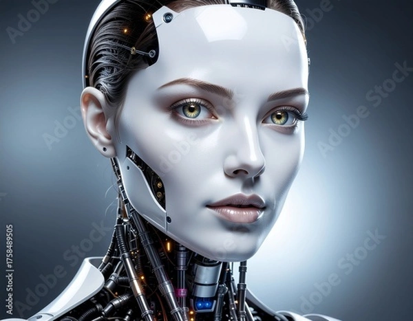 Obraz Humanoid AI robot face with half human, half machine design