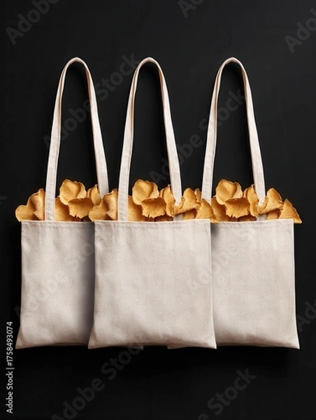 Fototapeta Three canvas tote bags filled with dried botanicals