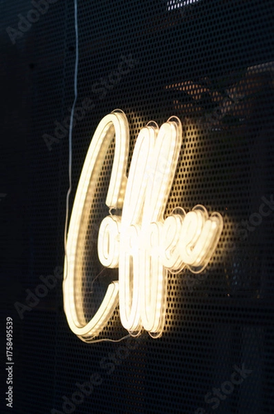 Obraz Glowing coffee neon sign on dark perforated wall