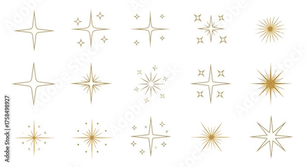 Fototapeta A collection of golden star and sparkle icons, featuring various designs for decorative graphic resources.