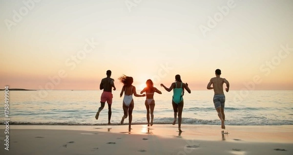 Obraz Back, people and run for fun on beach for summer vacation, tropical journey and travel weekend. Friends, playful and energy with ocean sunset, social gathering and holiday adventure for getaway trip