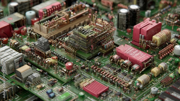 Fototapeta Hyperrealistic concept of a city shaped like a circuit board glowing with digital energy symbolizing technology, smart cities, innovation, and modern infrastructure