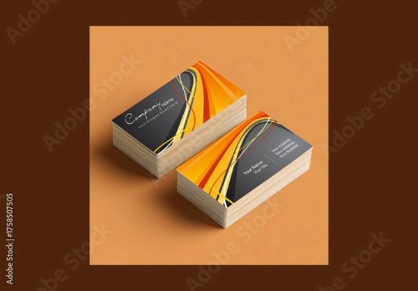 Fototapeta Stack of Editable Business Cards Mockup on Orange Background for Corporate Use.