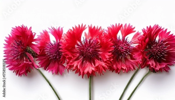 Fototapeta Red Knapweed Flowers In A Line Floral Arrangement Isolated On White Or Transparent Background