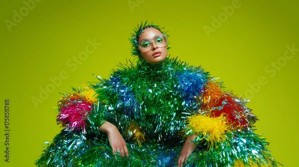 Obraz Surreal portrait of a woman wrapped in colorful Christmas tree tinsel ribbons, festive and glamorous concept. Perfect for holiday campaigns, advertising, posters, and modern fashion branding.