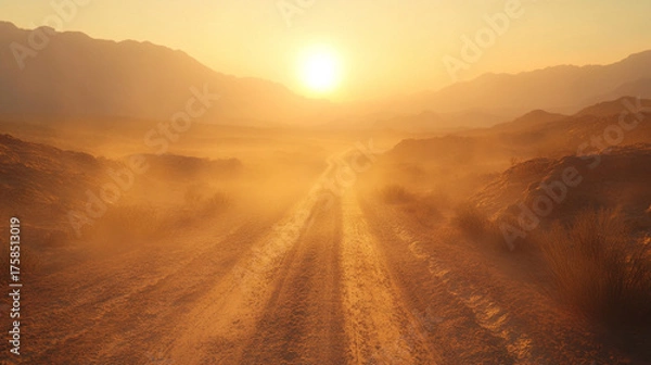 Obraz Desert highway stretching toward the horizon under intense heat with shimmering mirage reflections and hazy atmosphere symbolizing isolation travel endurance and summer heat in hyperrealistic style