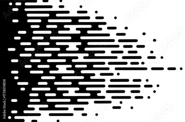 Obraz Dynamic abstract digital transition background with fragmented horizontal lines and dots, creating a dissolving data stream effect from a solid block to a subtle pixelated fade