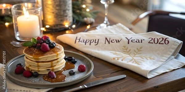 Fototapeta Pancakes with berries and maple syrup for happy new year 2026 celebration