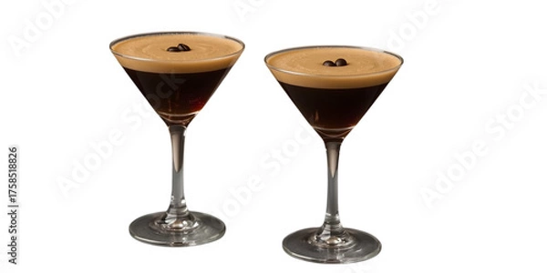 Fototapeta Espresso Martinis: The captivating allure of two expertly crafted espresso martinis, offering a rich blend of coffee and spirits, garnished with delicate coffee beans.