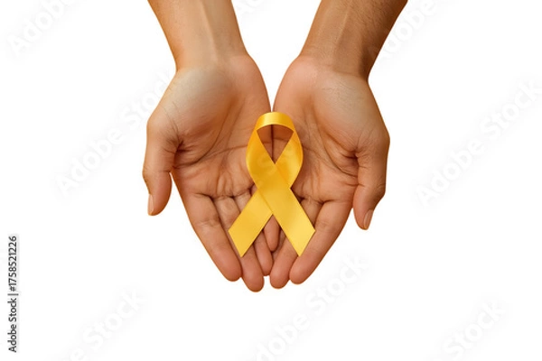 Fototapeta Supportive Gesture: A symbolic yellow ribbon, cradled tenderly within two open hands, representing solidarity, awareness, and hope.