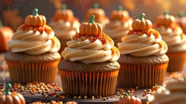 Obraz Pumpkin spice cupcakes with smooth butter cream frosting, colorful sugar sprinkles, and tiny sweet pumpkins on top, set against a warm autumnal background