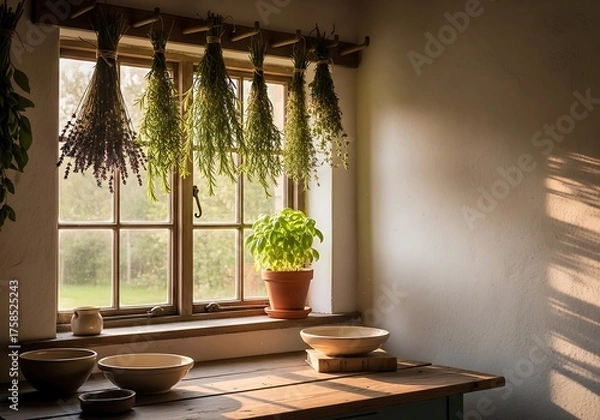 Obraz Ethereal kitchen still life featuring herbs drying in a sunlit window
