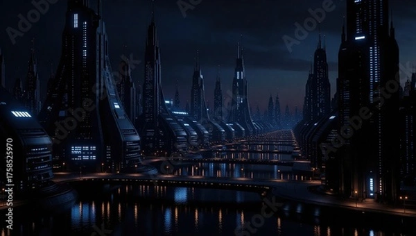 Fototapeta Futuristic Cityscape at Night with Illuminated Buildings and Water Reflections.