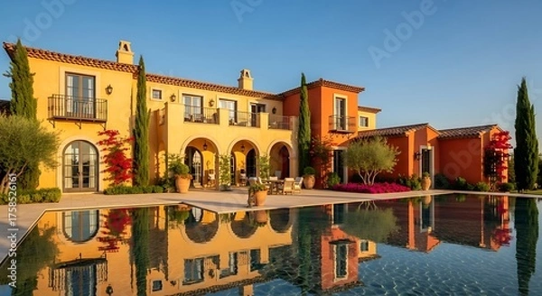 Obraz Luxurious mediterranean villa reflected in the tranquil swimming pool