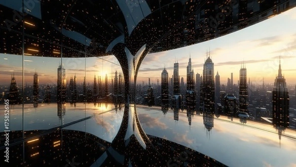 Fototapeta Futuristic Cityscape at Sunset with Modern Architecture and Reflections.