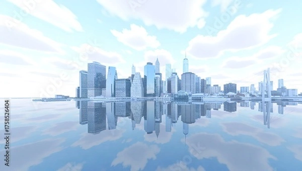Fototapeta Futuristic Cityscape Reflected in Calm Water Under a Bright Sky.