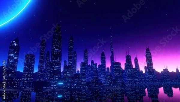 Fototapeta Futuristic Cityscape with Neon Lights and a Large Blue Moon.
