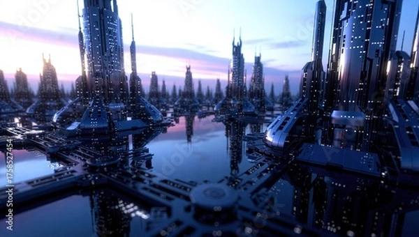 Fototapeta Futuristic Cityscape with Reflective Water and Towering Structures at Dusk.