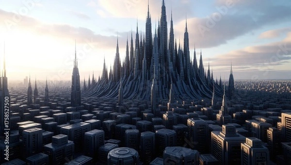 Fototapeta Futuristic Cityscape with Spire Structures and Urban Design.