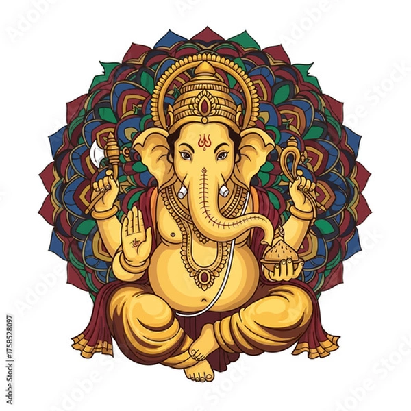 Fototapeta Golden Hindu deity Lord Ganesha sitting in a lotus pose with a colorful, intricate mandala background.