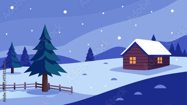 Fototapeta Winter scene with house and falling snow