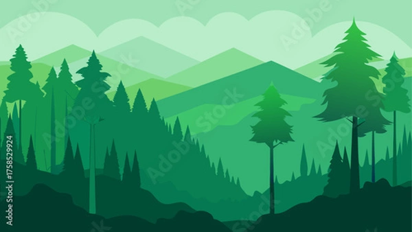 Fototapeta Green layered forest with mountains view